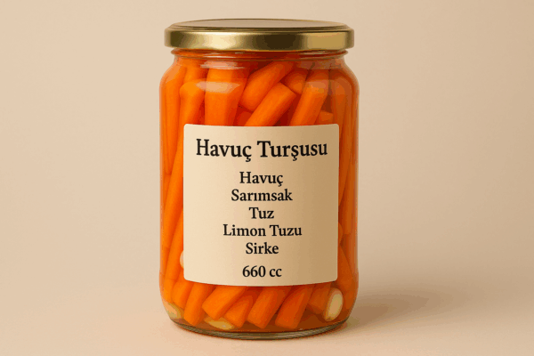 Havuç Turşusu İçeriği; Havuç Sarımsak Tuz Limon Tuzu Sirke açıklamalı 660 cc Havuç Turşusu ürünümüz için yatay formatta yazısız bir görsel yapar mısın.
