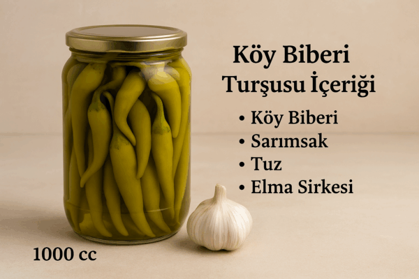 Doğal içerikli, katkısız 1000 cc Köy Biberi Turşusu ile sofralarınıza geleneksel tat ve sağlık katın. avokadom.com güvencesiyle şimdi keşfedin!