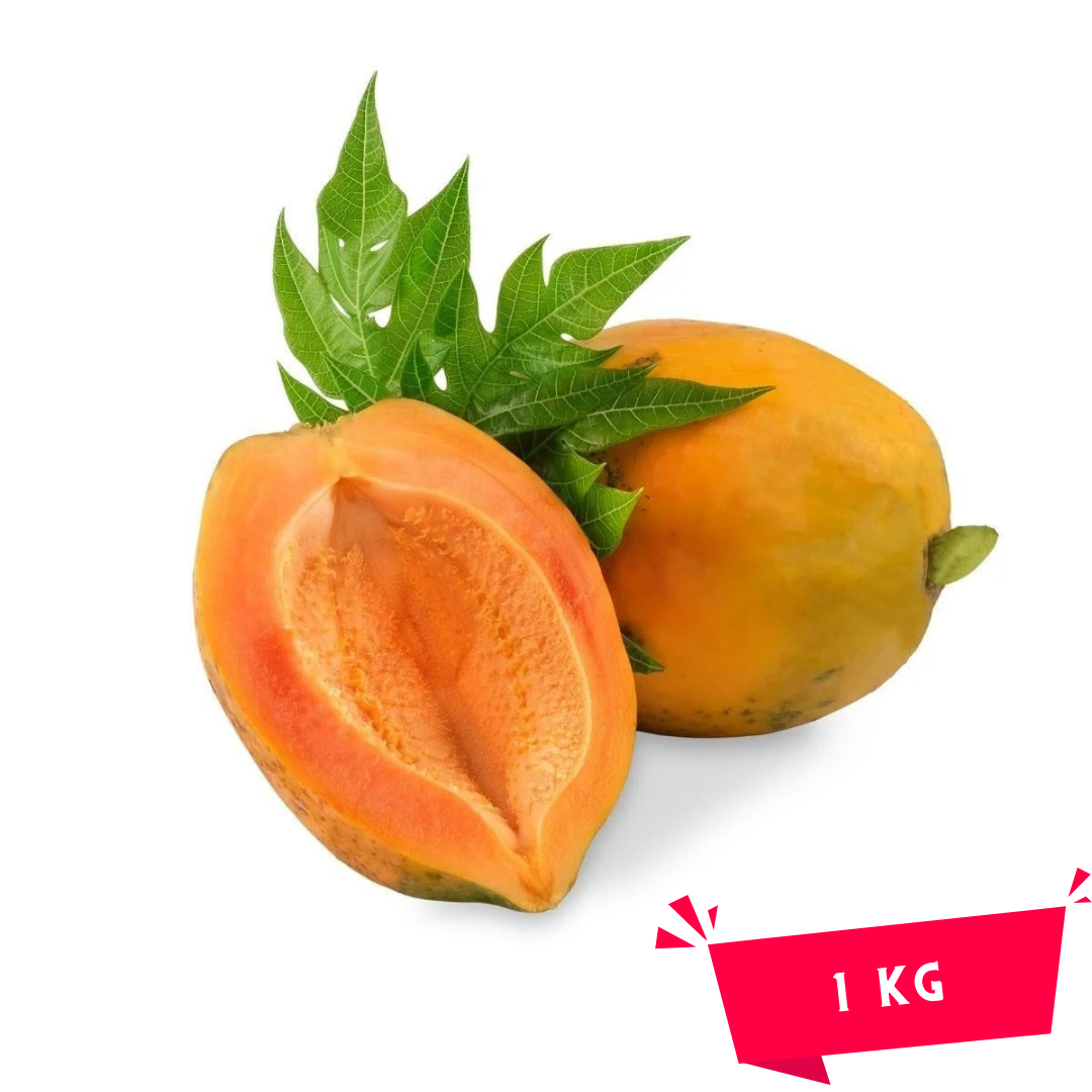 Yerli papaya 1 Kg, tatlı aroması ve sindirimi destekleyen enzimleriyle tropikal meyve keyfini sofranıza taşır. Doğal ve besleyici bir seçimdir.